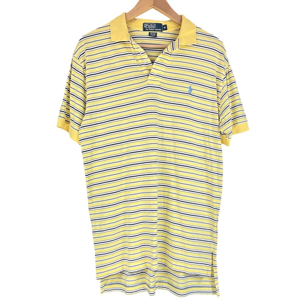 POLO RALPH LAUREN Striped Classic Polo Shirt Pony Logo Size M Yellow Blue Gray